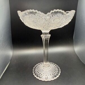 Vintage Clear Pressed Glass Compote Pinwheel Star Scalloped Pedestal Candy Dish